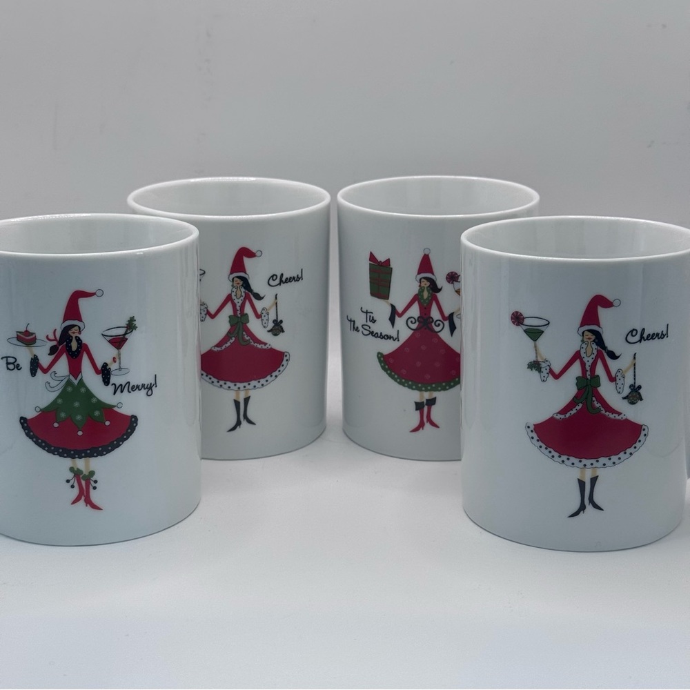 Set of 4 Vintage Dame Diva Christmas Holiday Ceramic Mugs, Rare, EUC